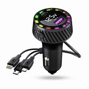 あきばお～ 車載 USB充電器 3in1ケーブル内蔵 電圧表示付き USB Type-C・USB-A 12V/24V対応